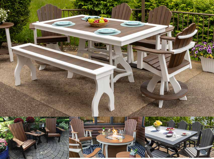 Outdoor Table with Bench, Adirondack Chairs, Swivel Gliders with Fire Pit, Counter Patio Set